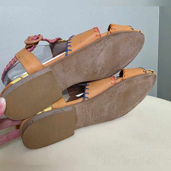 NWT Farm Rio Caramel Tan Whipstitch Fisherman Sandals Palm Tree Adjustable Strap - Picture 14 of 17